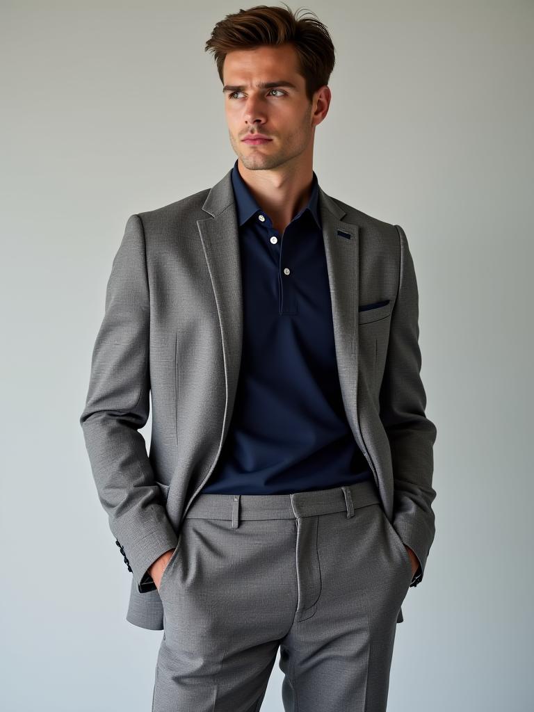 Modell i en grå, rutete dress med en uformell polotrøye under.