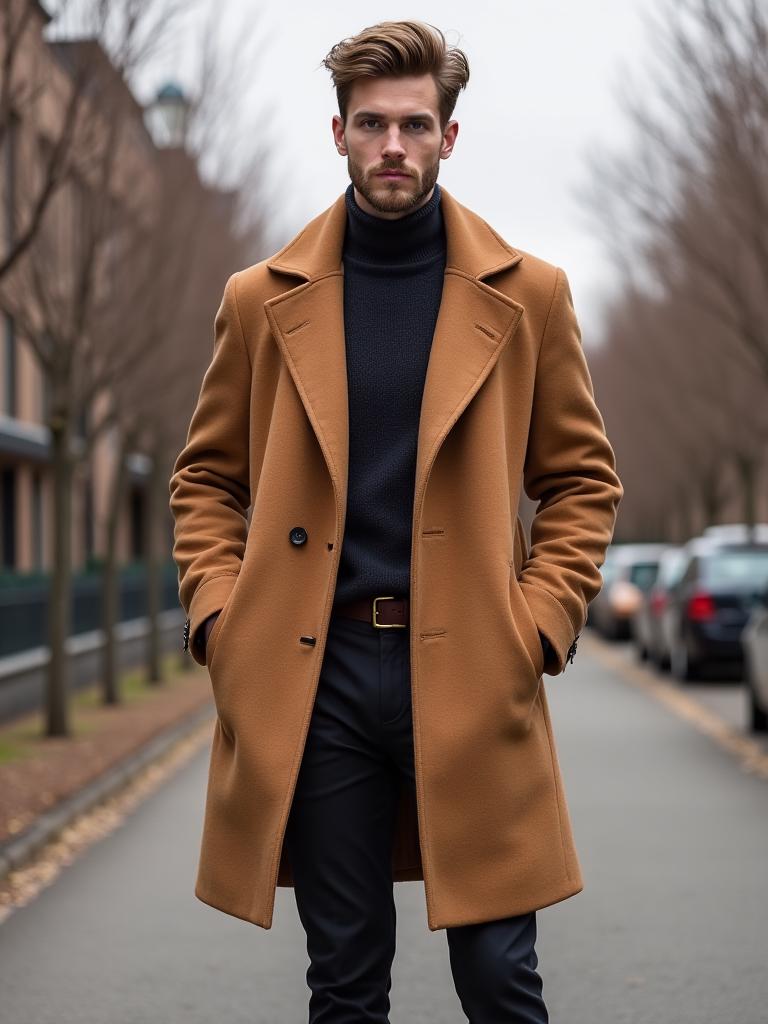 Modell iført en kamelfarget ullfrakk fra Svale Sartorials høstkolleksjon.