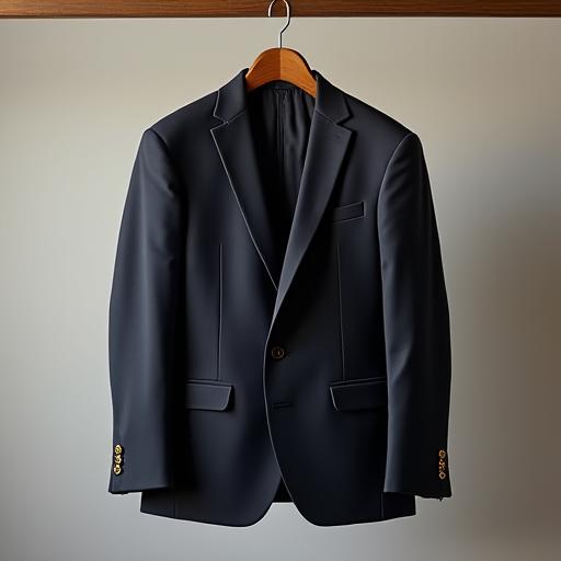 En ferdig skreddersydd dress henger på en elegant kleshenger.